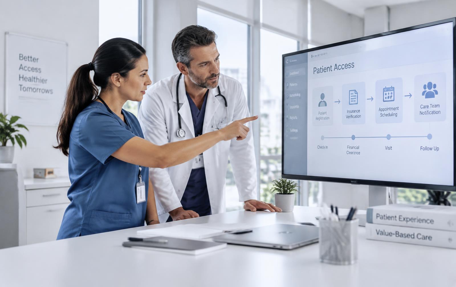 A nurse coordinator and physician reviewing a patient access workflow